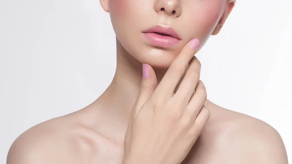 Close Woman Lips Fashion Pink Make Manicure Nails Beautiful Female — Stock Photo, Image