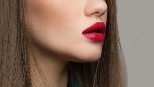 Maquillaje Perfecto Labio Rojo Belleza Primer Plano Foto Macro Con — Foto de Stock