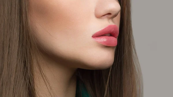 Idealny Naturalny Makijaż Ust Zamknij Makro Zdjęcie Pięknymi Kobiecymi Ustami — Zdjęcie stockowe