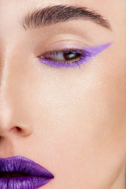 Bir kadının güzellik moda makyaj ile yakın çekim. Lila rengi atıcı ve ruj dudakları sesi için. Kozmetik,, kozmetik. Uzun kirpik ve kalın kaşları, yüzün mükemmel temiz cilt