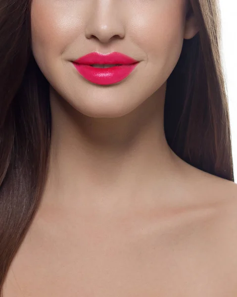 Close Van Vrouw Lippen Met Mode Helder Roze Make Prachtige — Stockfoto