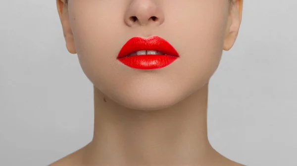 Macro Photo Closed Female Mouth Chubby Lips Red Lipstick Show — Stock Photo, Image