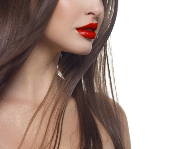 Close Van Schoonheid Van Vrouw Volledige Rode Lippen Met Glanzende — Stockfoto