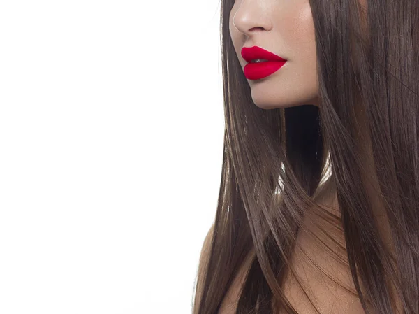 Belleza Primer Plano Las Mujeres Labios Rojos Completos Con Piel —  Fotos de Stock