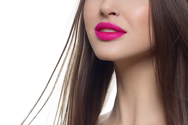 Primer Plano Los Labios Mujer Con Maquillaje Rosa Brillante Moda — Foto de Stock