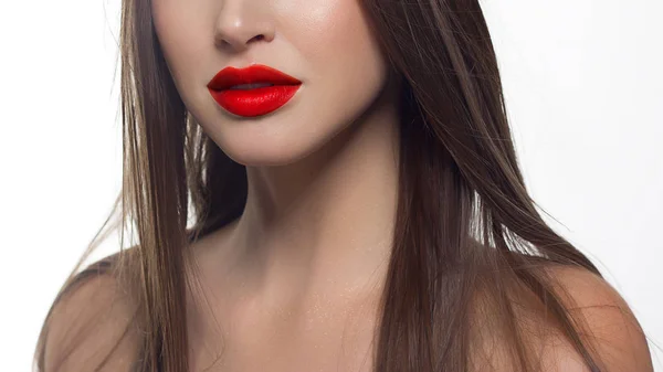 Belleza Primer Plano Las Mujeres Labios Rojos Completos Con Piel —  Fotos de Stock