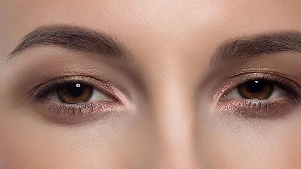 Primer plano macro de belleza ojo marrón femenino con cejas de forma perfecta. Hermosa piel limpia, maquillaje natural de moda. Buena visión, lentes — Foto de Stock