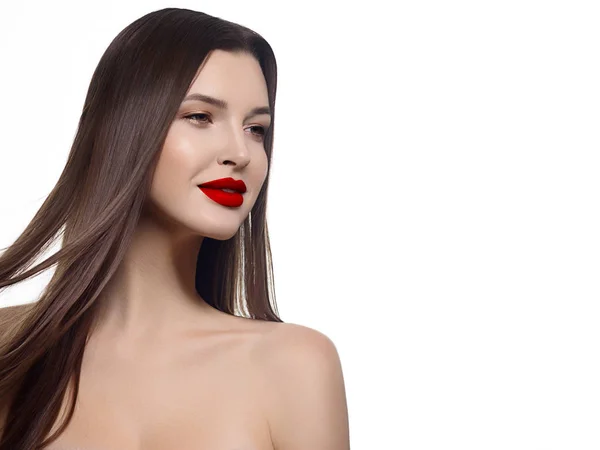 Primer Plano Chica Belleza Con Pelo Largo Recto Desarrollo Maquillaje —  Fotos de Stock