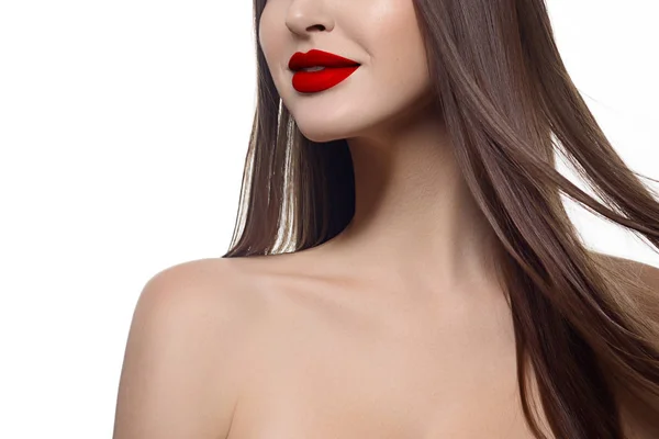 Belleza Primer Plano Las Mujeres Labios Rojos Completos Con Piel —  Fotos de Stock