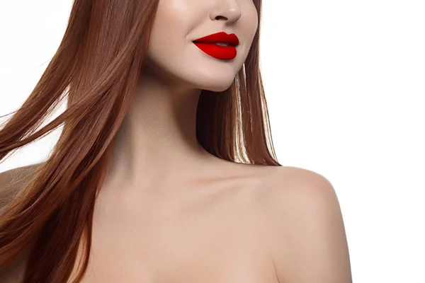 Κοντινό Πλάνο Της Σέξι Πλήρη Χείλη Κόκκινο Κραγιόν Και Κόκκινο — Φωτογραφία Αρχείου
