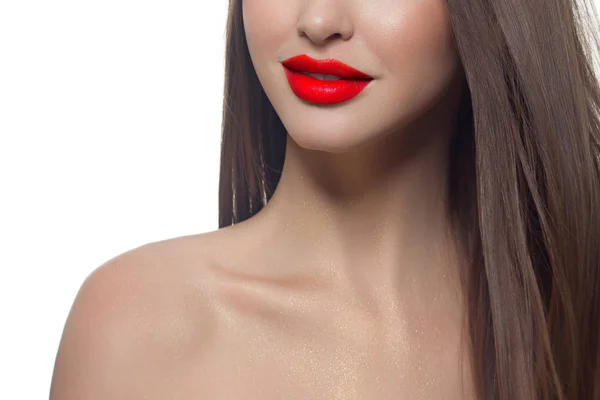 Ομορφιά Closeup Της Γυναίκας Γεμάτη Κόκκινα Χείλη Μακριά Μαλλιά Και — Φωτογραφία Αρχείου