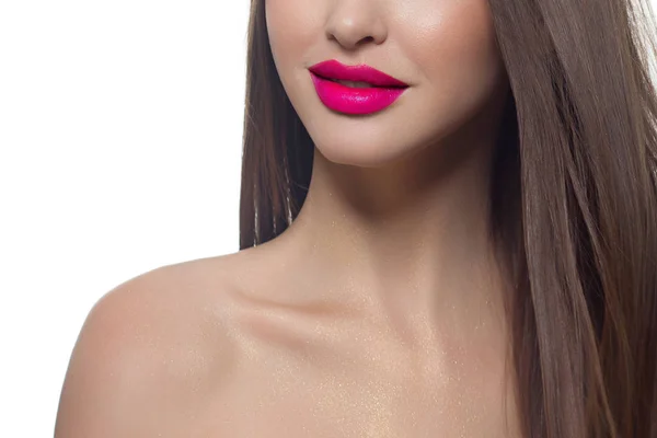 Primer Plano Los Labios Mujer Con Maquillaje Rosa Brillante Moda —  Fotos de Stock