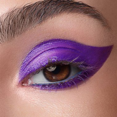 Elegance Moda göz farı ve göz kalemi güzel kadın göz close-up. Makro çekim kadının güzel kahverengi göz ile son derece kirpik uzun. Seksi görünüm, şehvetli bak