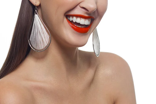 Hermosa Sonrisa Con Dientes Blanqueadores Foto Dental Macro Primer Plano —  Fotos de Stock