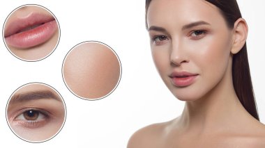 Dolgun dudaklı, düz saçlı ve son derece temiz ciltli güzel bir kadının yakın plan portresi. Gündüz makyajı, stil ve yumuşak bakım. Spa salonunda ya da kozmetolojide cilt bakımı, pürüzsüz kaşlar