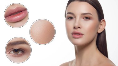 Dolgun dudaklı, düz saçlı ve son derece temiz ciltli güzel bir kadının yakın plan portresi. Gündüz makyajı, stil ve yumuşak bakım. Spa salonunda ya da kozmetolojide cilt bakımı, pürüzsüz kaşlar