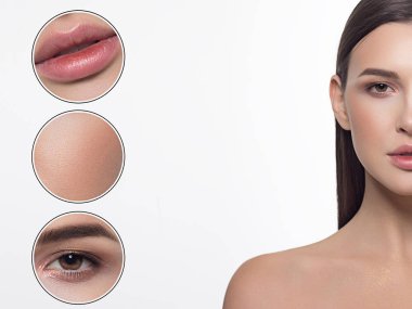 Dolgun dudaklı, düz saçlı ve son derece temiz ciltli güzel bir kadının yakın plan portresi. Gündüz makyajı, stil ve yumuşak bakım. Spa salonunda ya da kozmetolojide cilt bakımı, pürüzsüz kaşlar