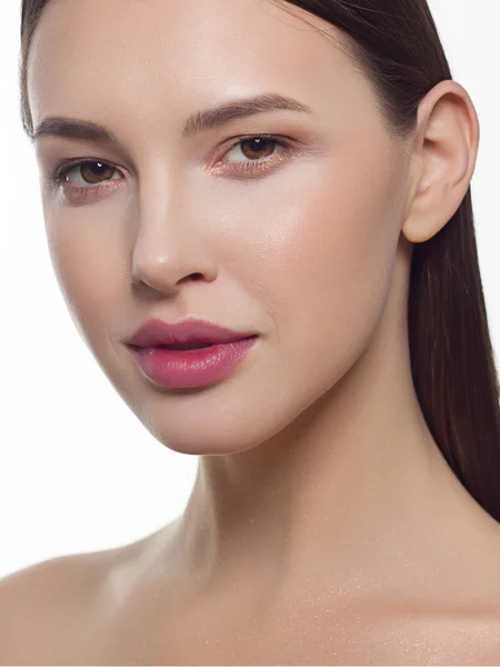 Retrato Cerca Una Mujer Belleza Con Labios Llenos Cabello Liso — Foto de Stock