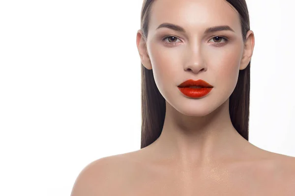 Retrato Cerca Una Mujer Belleza Con Labios Llenos Cabello Liso — Foto de Stock