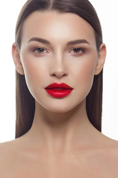 Retrato Cerca Una Mujer Belleza Con Labios Llenos Cabello Liso — Foto de Stock