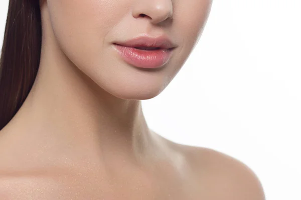 Retrato Cerca Una Mujer Belleza Con Labios Llenos Cabello Liso — Foto de Stock