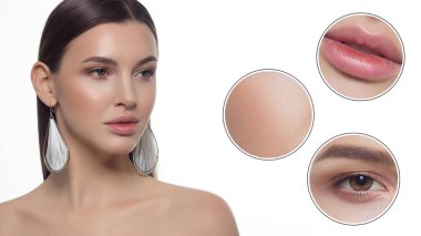 Temiz cilt, tam dudaklar ve uzun siyah saçlı bir kadınla yarım güzelliği Close-up. Kameraya bakar ve cilt bakımı gösterir. Artan cilt dokusunu gözler ve dudaklar. Yüzünde gülümseme