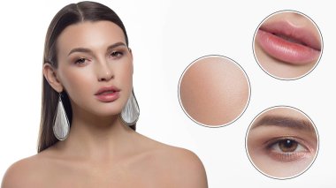 Temiz cilt, tam dudaklar ve uzun siyah saçlı bir kadınla yarım güzelliği Close-up. Kameraya bakar ve cilt bakımı gösterir. Artan cilt dokusunu gözler ve dudaklar. Yüzünde gülümseme