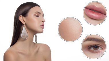 Temiz cilt, tam dudaklar ve uzun siyah saçlı bir kadınla yarım güzelliği Close-up. Kamera için görünüyor ve cilt bakımı gösterir. Artan cilt dokusunu gözler ve dudaklar. Yüzünde gülümseme