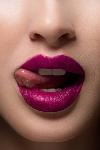 Close Sexy Female Lips Tongue Clean Skin Clear Lip Contour — Stock Photo, Image