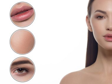 Temiz cilt, tam dudaklar ve uzun siyah saçlı bir kadınla yarım güzelliği Close-up. Kameraya bakar ve cilt bakımı gösterir. Artan cilt dokusunu gözler ve dudaklar. Yüzünde gülümseme