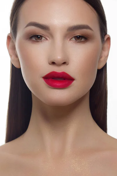 Close Portrait Beauty Woman Red Full Lips Straight Hair Perfectly — Stock Fotó