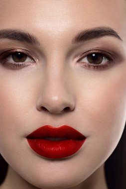 Yakın çekim portre klasik glamour makyaj ve kırmızı ruj seksi Avrupa Genç kadın modeli. Karanlık uzun saç modeli, Noel makyaj, karanlık kaptırdın, kanlı kırmızı dudakları parlak ile