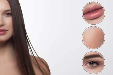 Temiz ciltli, dolgun dudaklı ve uzun siyah saçlı güzel kadınlara yakın çekim. Kameraya bak ve cilt bakımını göster. Göz ve dudaklarda deri dokusunda artış var. Gülümse.