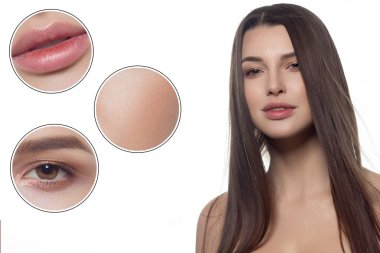 Temiz ciltli, dolgun dudaklı ve uzun siyah saçlı güzel kadınlara yakın çekim. Kameraya bak ve cilt bakımını göster. Göz ve dudaklarda deri dokusunda artış var. Gülümse.