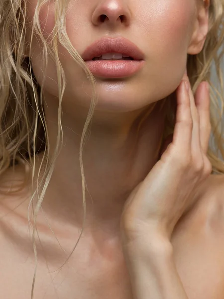 Güzel bir kadın modelin günlük makyajlı göz kamaştırıcı portresi. Cildinde parlak parlak bir leke, seksi parlak dudaklar makyaj ve mükemmel kaşlar. Doğal güzellik.