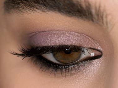 Son derece uzun kirpikli, güzel bir kadının makro görüntüsü. Seksi görünüm, şehvetli görünüm. Uzun kirpikli bir kadın gözü.