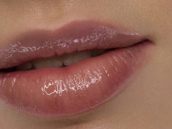 Closeup plump Lips. Lip Care, Augmentation, Fillers. Macro photo with Face detail. Natural shape with perfect contour. Close-up perfect natural lip makeup beautiful female mouth. Plump sexy full lips — Stock Photo, Image