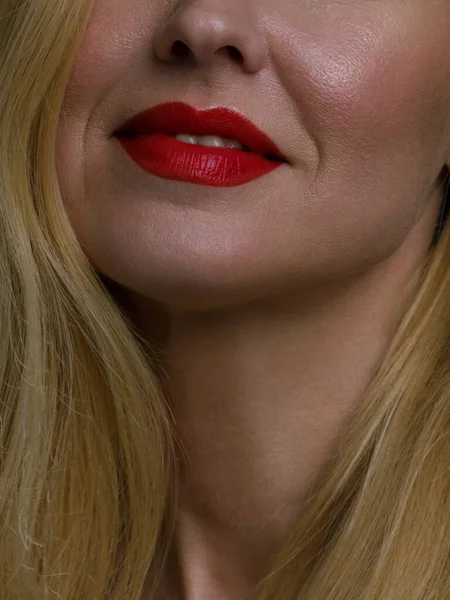 完美的红唇拼图 用漂亮迷人的女性嘴 治疗观念 灰色背景隔离的宏观剪贴画 — 图库照片