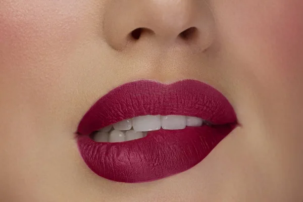 Sexual full lips. Marsala gloss of lips and woman\'s skin. The mouth is closed. Increase in lips, cosmetology. Pink lips and long neck. Gentle pure skin and sotf care