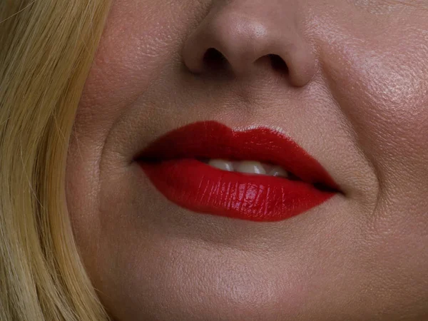 完美的红唇拼图 用漂亮迷人的女性嘴 治疗观念 灰色背景隔离的宏观剪贴画 — 图库照片