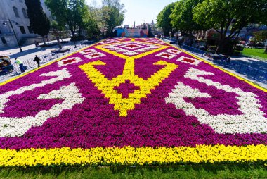 Istanbul, Türkiye - 27 Nisan 2017: Istanbul'da dünyanın en büyük Tulip halı. Tarihi Sultanahmet meydanında Lale Festivali sırasında sergilenen lale halı.