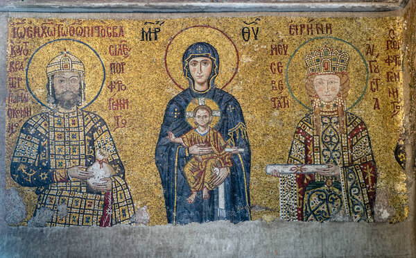 ISTANBUL, TURKEY - MAY 27, 2018: Mosaic of Virgin Mary and Jesus Christ and other Saints in the Hagia Sofia church on May 27, 2018 in Istanbul, Turkey.