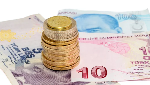 Monedas Billetes Turcos Lira Sobre Fondo Blanco —  Fotos de Stock