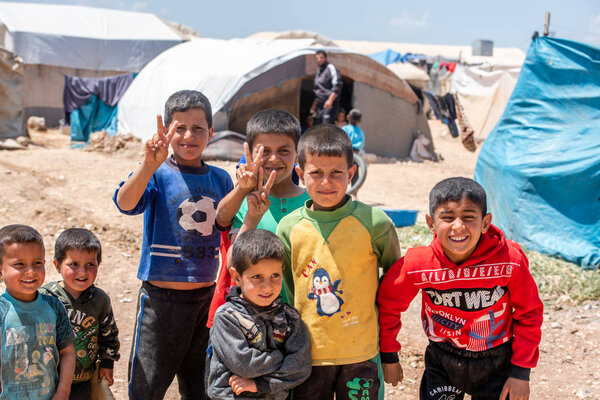 AZEZ, SYRIA  MAY 19: Kids Refugee camp for syrian people on May 19 2019 in Azez Syria. In the civil war that began in Syria in 2011 12 million people were displaced.