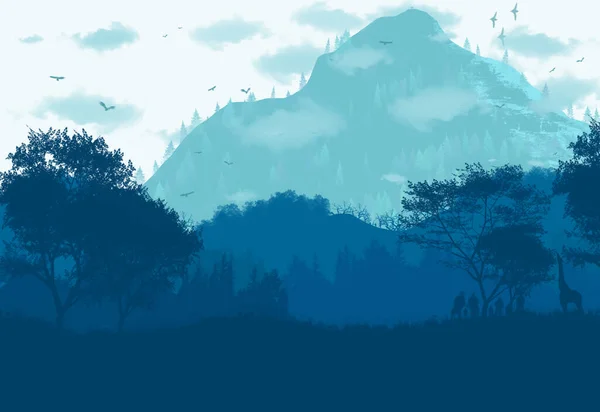 丘や木のある青の色合いの冬の森 — ストック写真