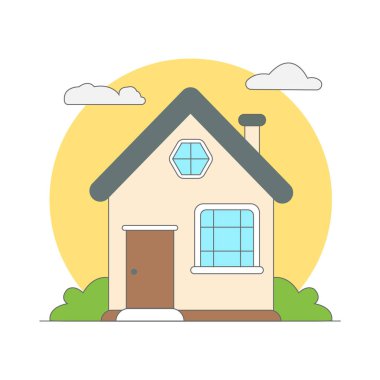 Bulutlu, çimenli, gün batımlı bir ev.