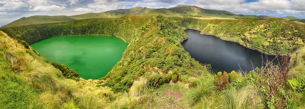 Panoramatický Výhled Lagoa Negra Lagoa Comprida Ostrově Flores Azory — Stock fotografie