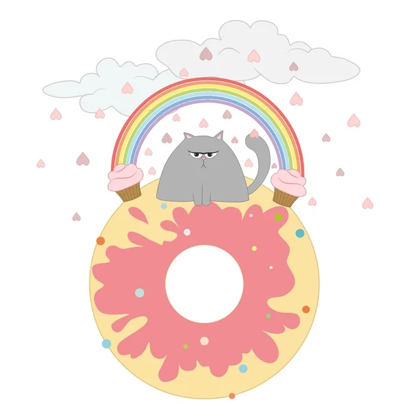  büyük bir donut üzerinde oturan üzgün kedi