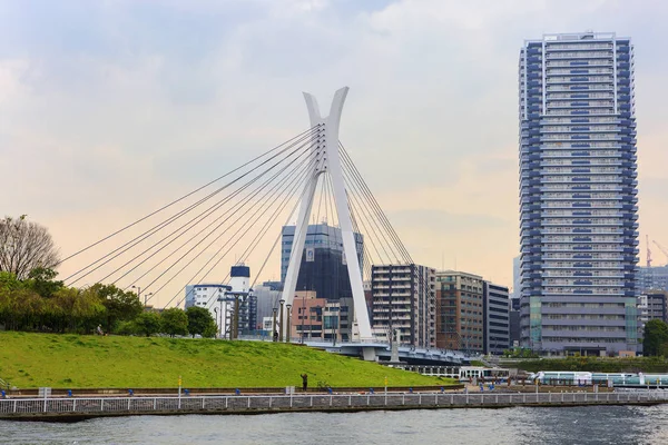 Tokyo, Japonya, 04/21/2017, Chuo-Ohashi Bridge Sumida Nehri üzerinde. Chuo-Ohashi asma köprü Tokyo'nun Chuo bölgesinde Fransız tasarımcılar tarafından tasarlanan ve 1993 yılında açıldı.