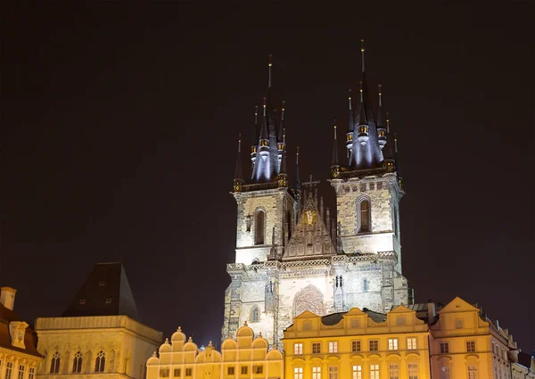 Прага Чехия Ночью Площадь Является Старым Местом Собор Девы Марии — стоковое фото